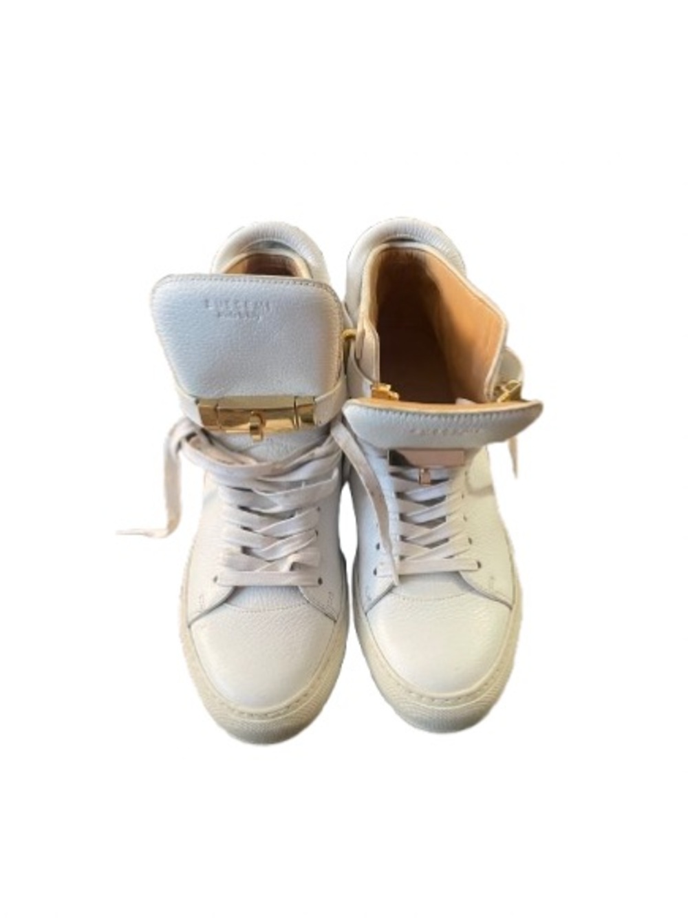 Buscemi White High-Top Leather Sneakers with Gold Accent.